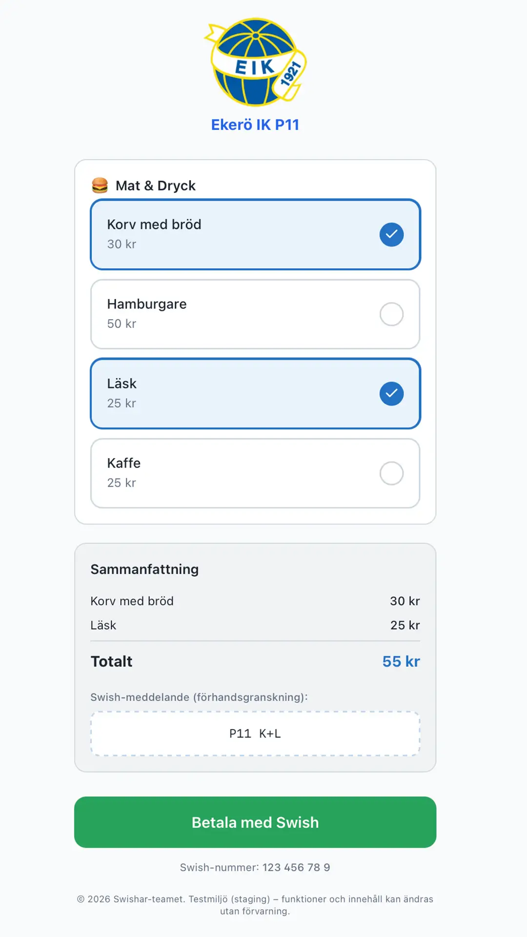 Swishar kioskläge – säljarens vy med produkter och QR-kod